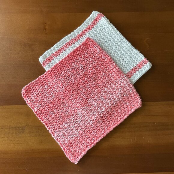 Set of Large White and Coral Hand Knit Dishcloths with Matching Scrubby - Picture 2 of 3